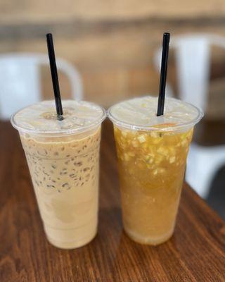 Vietnamese iced coffee and colorful tea.