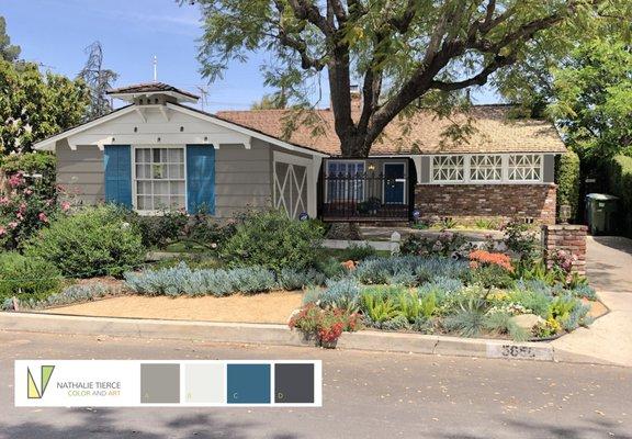 Ranch Style Home with brick given a facelift with a contemporary grey and a splash of color for the front door and shutters