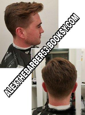 #3 on the sides, tapered with a half on sideburns and back of the neck, scissors on top.