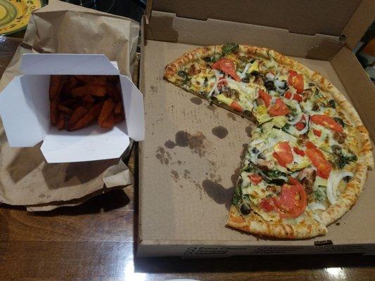 Salad Pizza and Sweet potato fries