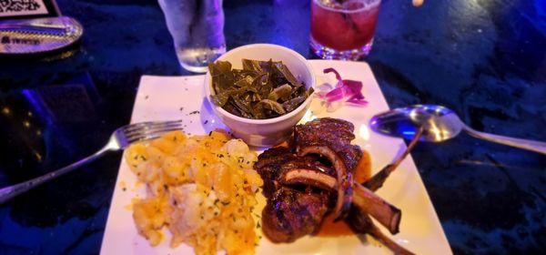 Fire grilled lamp chops, mac n cheese with collards