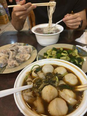 Fishball soup, chive and pork dumplings, crushed cucumber and lamb soup