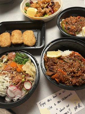 Poke bowl, spicy pork bowl, sweet & spicy chicken bowl, korokke delivery