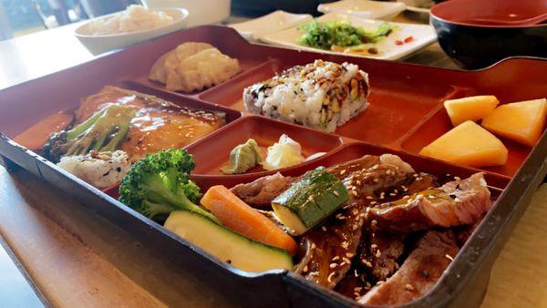 Dinner Bento Box with Baked Salmon and Beef Teriyaki.