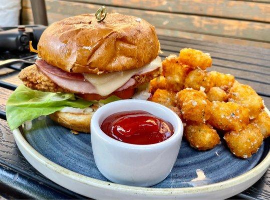 Chicken Cordon Blue Sandwich with truffle tots