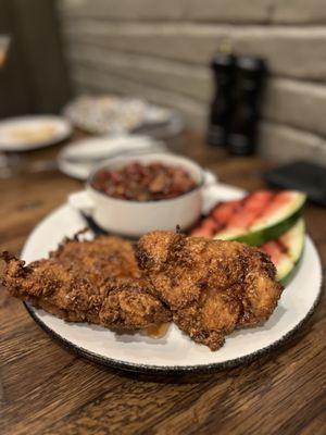 Fried Chicken, red beans and rice, with grilled watermelon