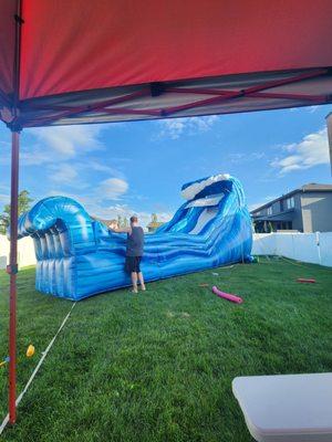 Blue Rush waterslide. 16ft of watersliding, with a little ridge in the middle of the slide for more fun.