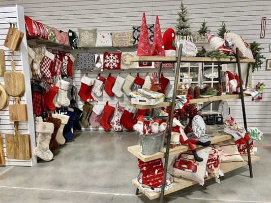 An entire corner of darling Christmas stockings, pillows and other fun stuff