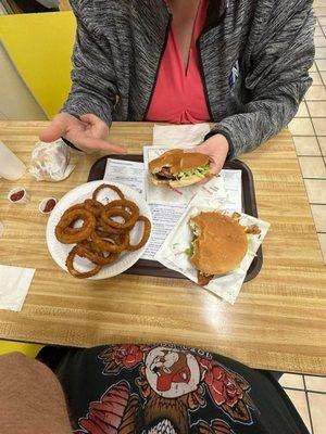 Onion rings and what-a-cheeseburger with bacon