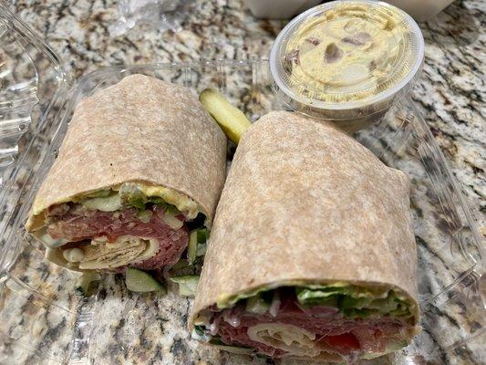 Roast Beef, Wasabi and Pepper Jack Wrap with potato salad