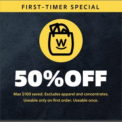 First time customers receive 50% off their first purchase (max savings of $100). This offer does not stack with other offers.