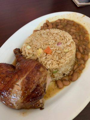 1/4 chicken, fried rice, beans