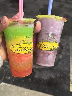 Rainbow (watermelon,mango and Lychee with popping boba) and Blueberry Lemon Slush