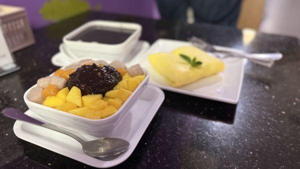 Mango pancake, black sesame puree, and mango black sticky rice snow white