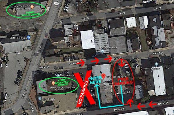 A guide on where to park (red circle), how to get to our entrance (blue path), and yummy food around the block (green circles).