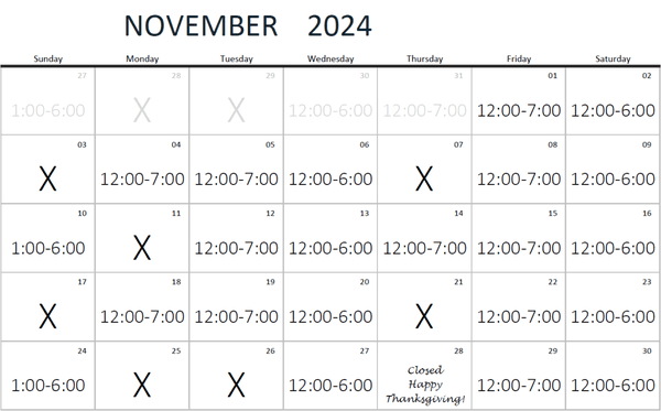 Pinnacle Pro Shop Hours for November, 2024