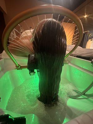 Enjoy the light trickle of water coming down from the halo waterfall while we exfoliate, massage and treat your hair with amazing care!