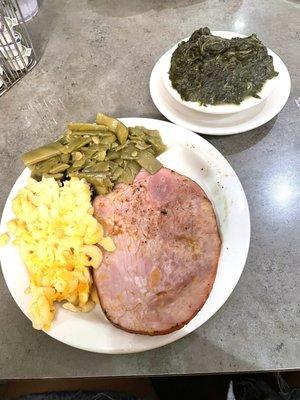 Ham, Mac and cheese, green beans, and spinach