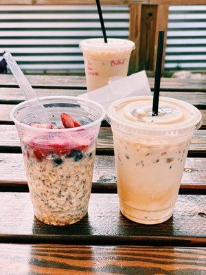 Overnight Oats ($5.50) and Iced Latte w/cream, SF Mint Chocolate and SF Caramel ($4.75).