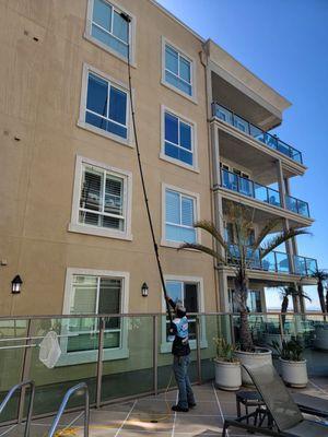 Commercial clean in Long Beach. 277 exterior windows with purified water spot free system