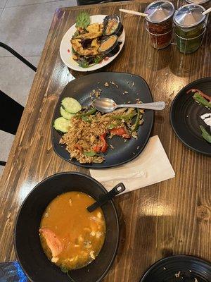 Tom yum soup, Thai basil fried rice and chicken satay