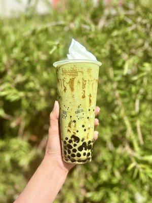 Matcha milk tea with brown sugar boba and soft serve ice cream