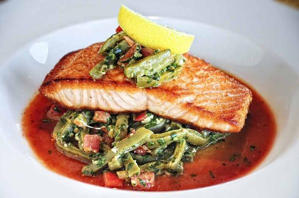 Capataz Salmon: Pan Roasted Salmon Filet with Warm Nopalito Salad and Citrus-Chile Vinaigrette