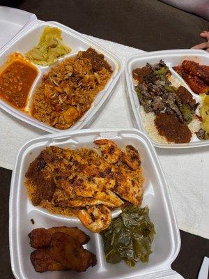 Peri Peri Jackfruit (top left), Dibi Lamb (top right), & Peri Peri fish & shrimp (bottom).