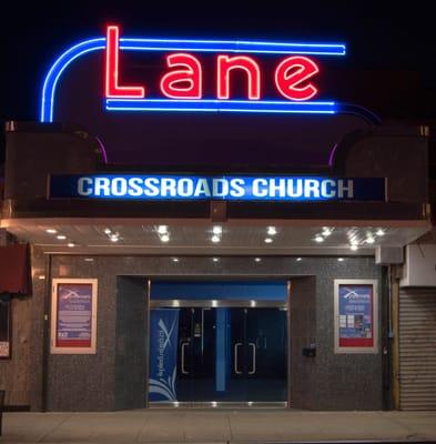 Crossroads Church moved to The Lane Theater. in March of 2012.  The theater is a landmarked movie house that opened in 1938.