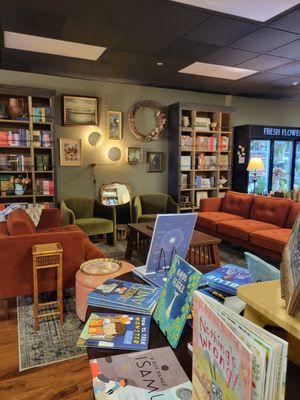 Great seating to enjoy your coffee, flowers, and books.