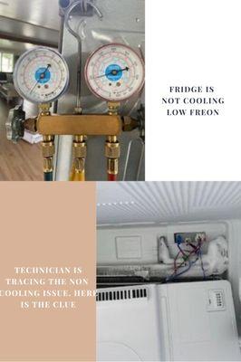 Fridge not cooling. Here is what we found, freon leak. We got the job done, it is back to good cooling.
 Fridge repair