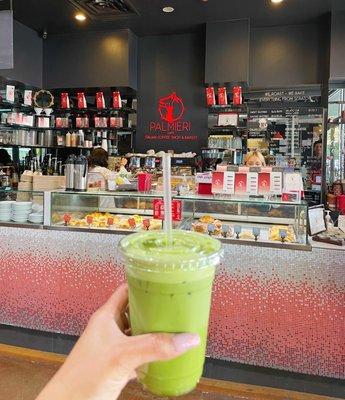 Iced matcha latte with caramel