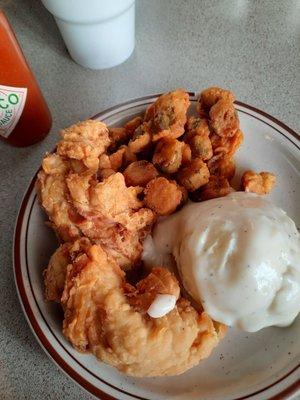 Fried chicken, okra, mashed potatoes!