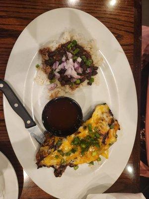 Sante Fe chicken with black beans over rice.