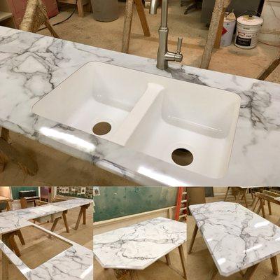 This is Calcutta Marble in a Gloss Finish, Ogee Ideal Edge, Karran White Double Acrylic Under Mount Sink Bowl