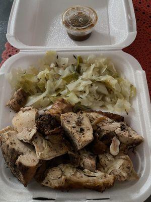 Jerk Chicken and cabbage.