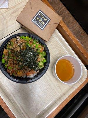 Miso Soup, Chips, and Poke Bowl