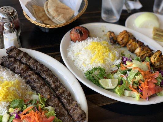 Koobideh beef kabob and chicken kabob.