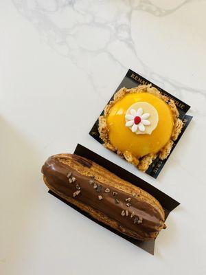 The chocolate eclair and "exotic' - made of passion fruit and pistachios