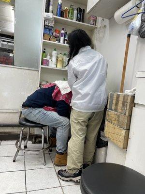 Boyfriend getting his hair rinsed haha