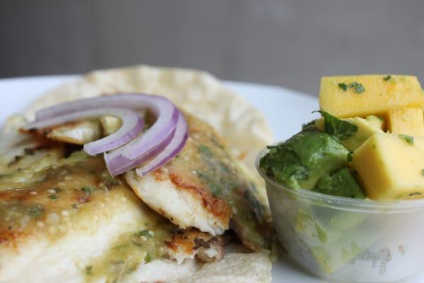 Friday special: fish tacos with tomatillo sauce and mango avocado salsa.