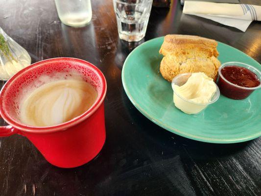 Vanilla latte (yum) and biscuit with butter and jam (must try)