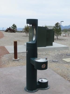 Dog, people, and bottle water filler.