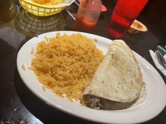 Beef quesadilla and a side of Mexican rice