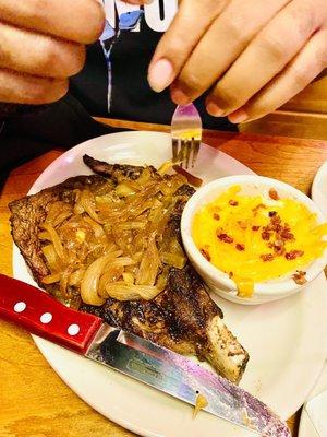 20oz Bone in ribeye (w/ grilled onions) & loaded mash potatoes