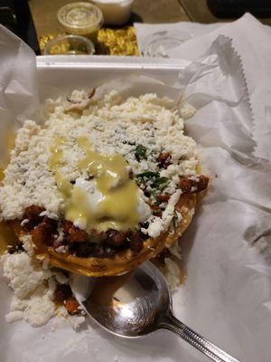 Sopes with pastor, beans, and pineapple (a nice surprise)