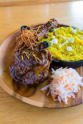 Chicken inasal - grilled chicken,  24hrs marinate with ginger, lemongrass, garlic & coconut milk; garlic rice & pickled papaya