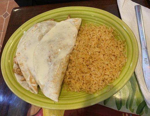 Chicken quesadillas and rice