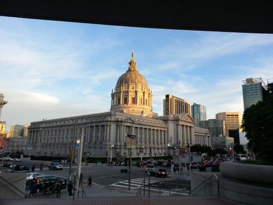 View of SF city hall from courtyard entry.