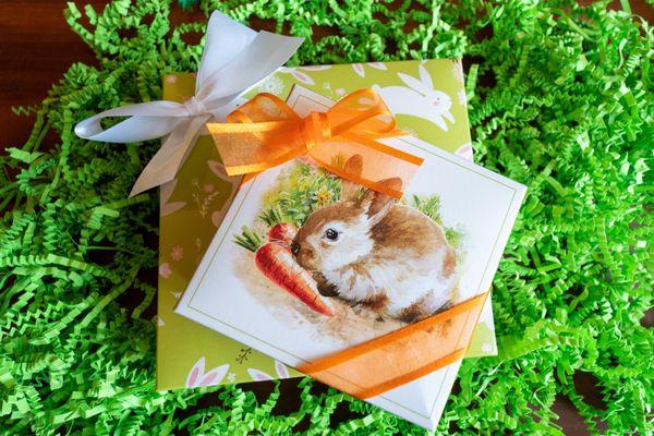 Easter boxes filled with assorted chocolates.